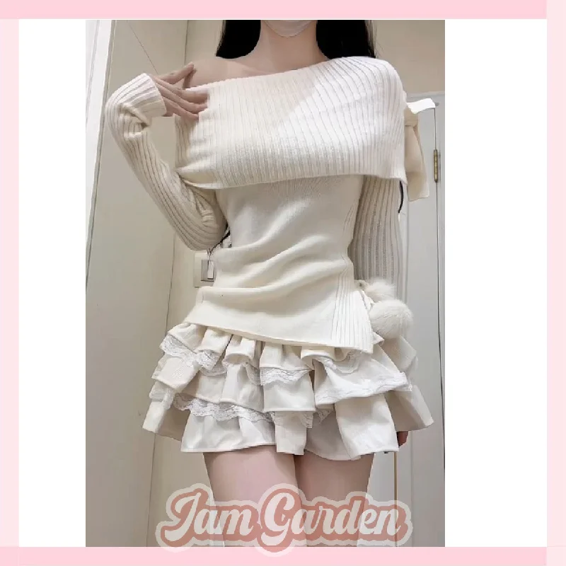White Lover One Shoulder Bow Sweater Puffy Cake Skirt Suit Solid Color Striped Floral Print