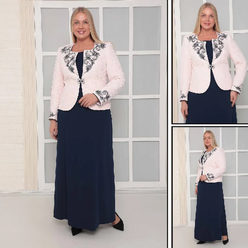 Elegant Navy Maxi Dress with Dusty Pink Jacquard Jacket Collared Jacket Crew Neck Jacket Turtle Neck Jacket