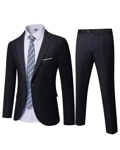 YND Men's Slim Fit 2 Piece Suit, One Button Jacket Pants Set with Tie, Solid Party Wedding Dress Blazer, Tux Trousers, Black Denim Fabric Leather Fabric Suede Fabric