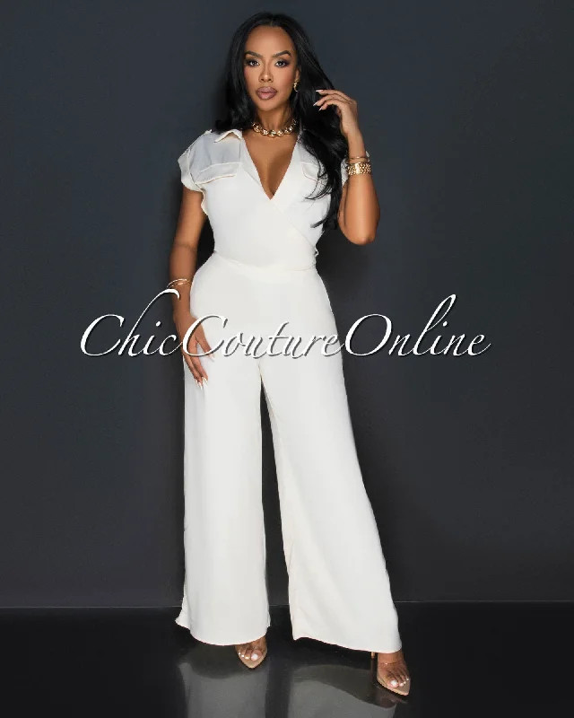 Silo Cream Collared Cross Tie Top & Wide Legs Pants Set Cozy Lounge Pants