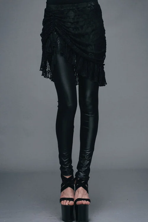 Black Rose Lace Mesh Outer Skirt Gothic Faux Leather Womens Pants Trendy Wide-Legged Trousers