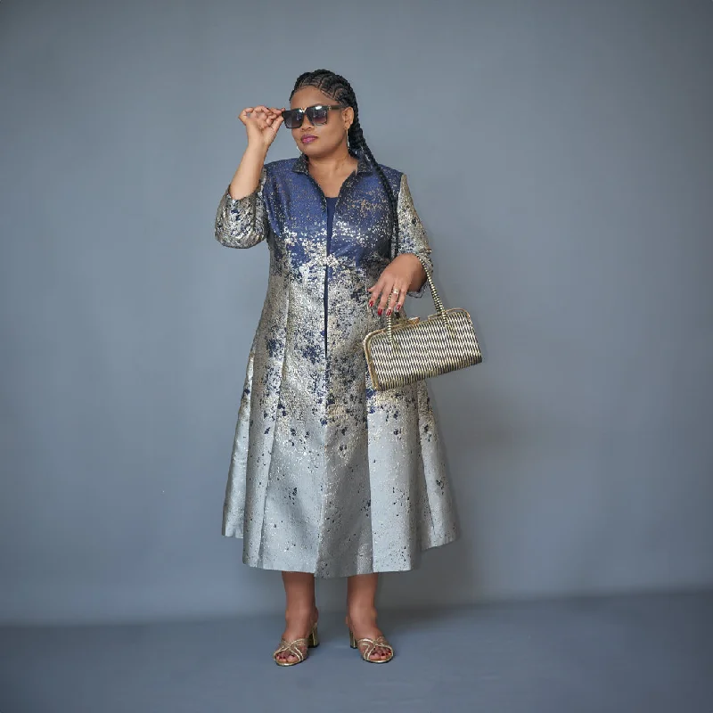 Elegant Navy Blue Dress with 3/4 Sleeve Floral Jacquard Jacket Plaid Jacket Tartan Jacket Houndstooth Jacket