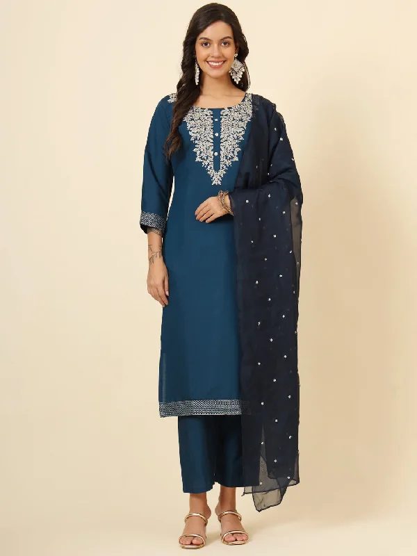 Teal Designer Redaymade Pant Suit With Embroidery Work Comfortable Wide-Leg Pants