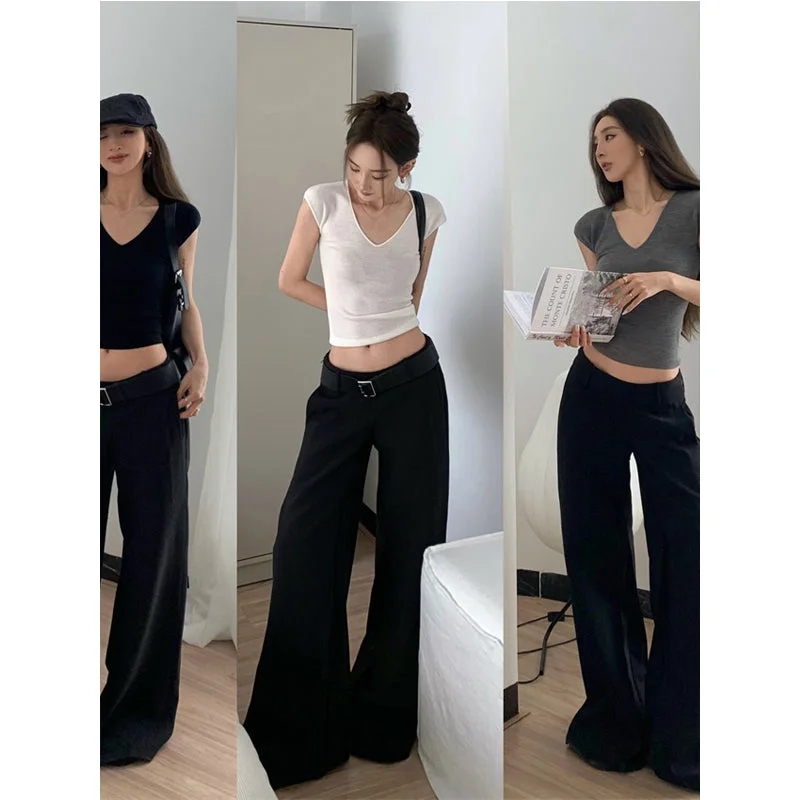 Latoya Solid Color V-Neck Short Sleeve Slim Cropped Top + Low Waist Suit Straight Leg Pants Matching Set Soft Cotton Pants