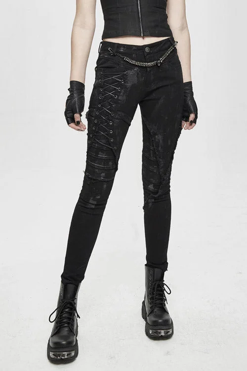 Black Punk Hand Painted Laced Up Legs Cool Womens Pants Chic Wool Trousers
