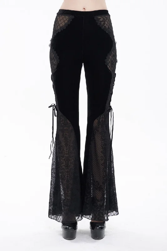 Black Translucent Velvet Jacquard Sexy Panel Lace-Up Plaid Flared Gothic Women's Pants Chic Black Leggings