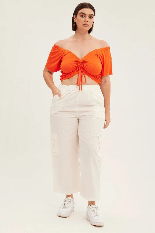 White Cargo Wide Leg Pants High Rise High-Waist Trousers
