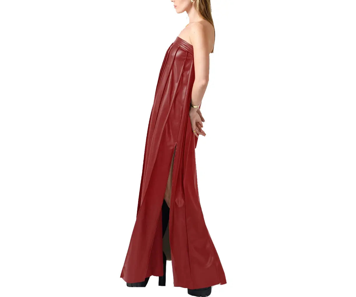 Red Vegan Leather Pleated Minimalist Maxi Winter Party Dress Pencil Length Work