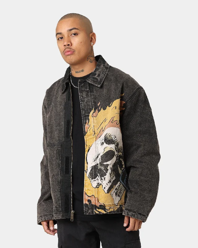 HUF X Marvel Ghost Rider Work Jacket Washed Black Stand-Up Collar Roll-Neck Collar Turtle Neck