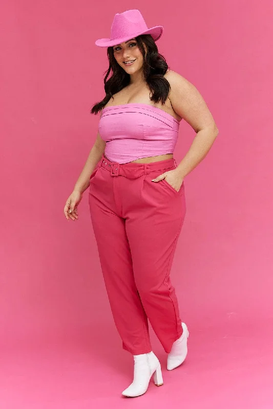 H Pink Slim Leg Pants High Rise Belted Comfortable Denim Trousers