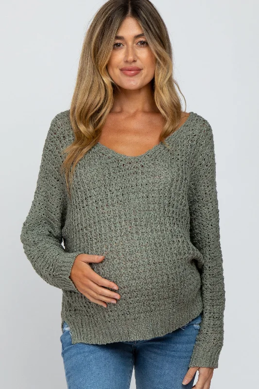 Olive V-Neck Side Slit Thick Knit Maternity Sweater Neon Metallic Matte