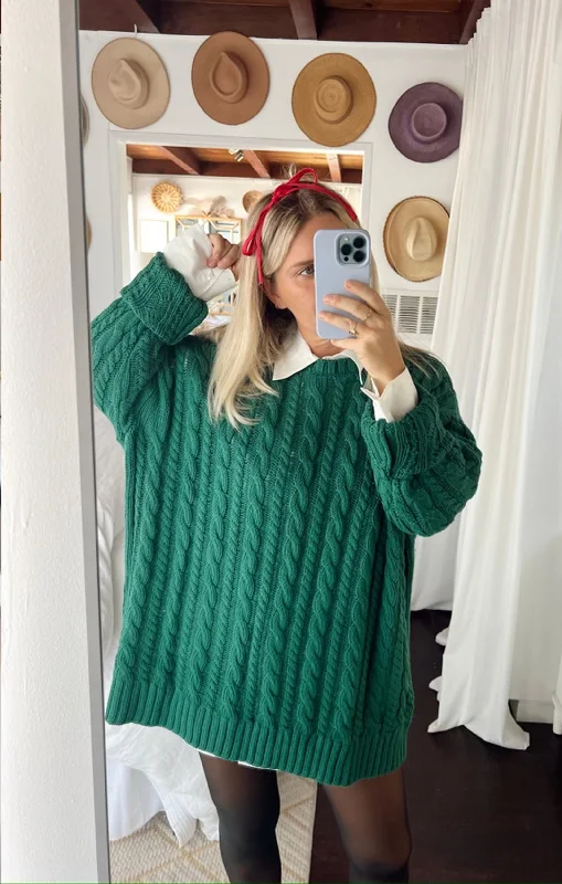 Day to Day Tunic Sweater ~ Emerald Cable Knit Print Jacquard Patchwork