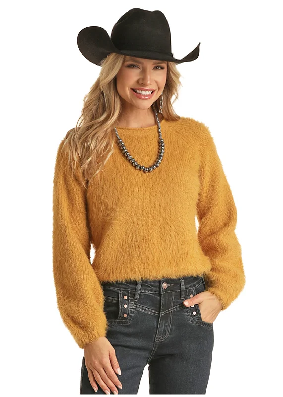 PANHANDLE Ladies Fuzzy Solid Mustard Sweater Machine Wash Dry Clean Hand Wash
