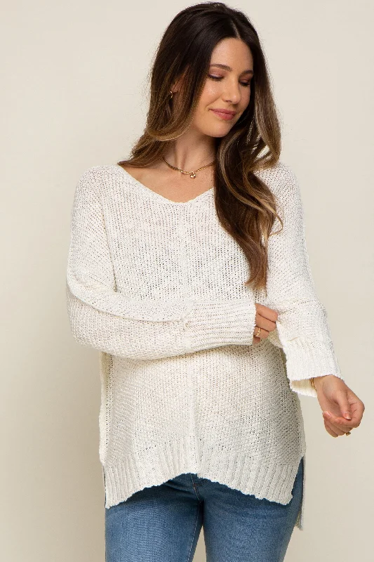 Cream Chunky Knit Side Slit Maternity Sweater Cotton Fabric Linen Fabric Terry Fabric