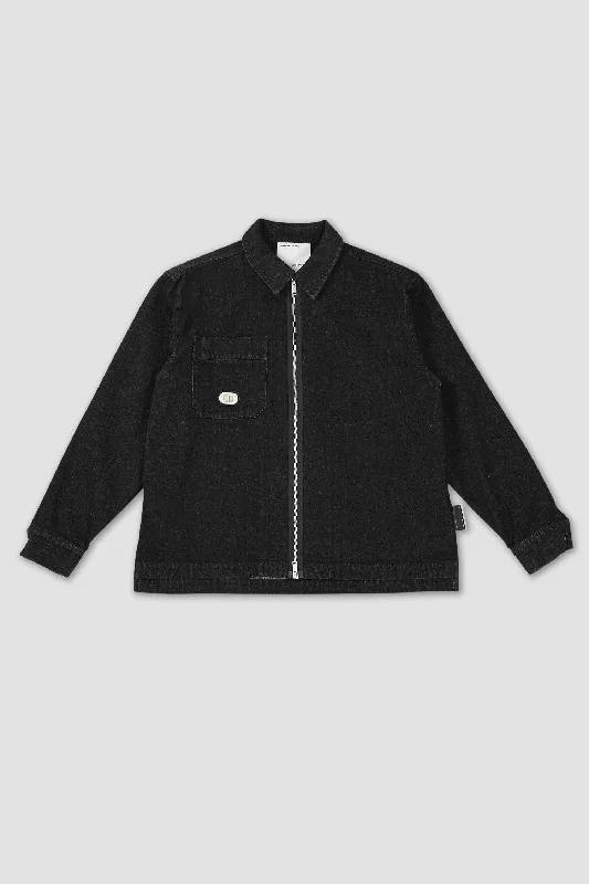 Denim Drop Shirt Jacket - Black Zippered Front Buttoned Front Snap Front