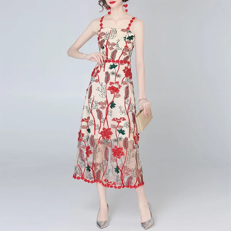 Elegant Spaghetti Strap Sexy Evening Party Dress Floral Embroidery Tulle Mesh Summer Midi Dress Tunics Wedding white