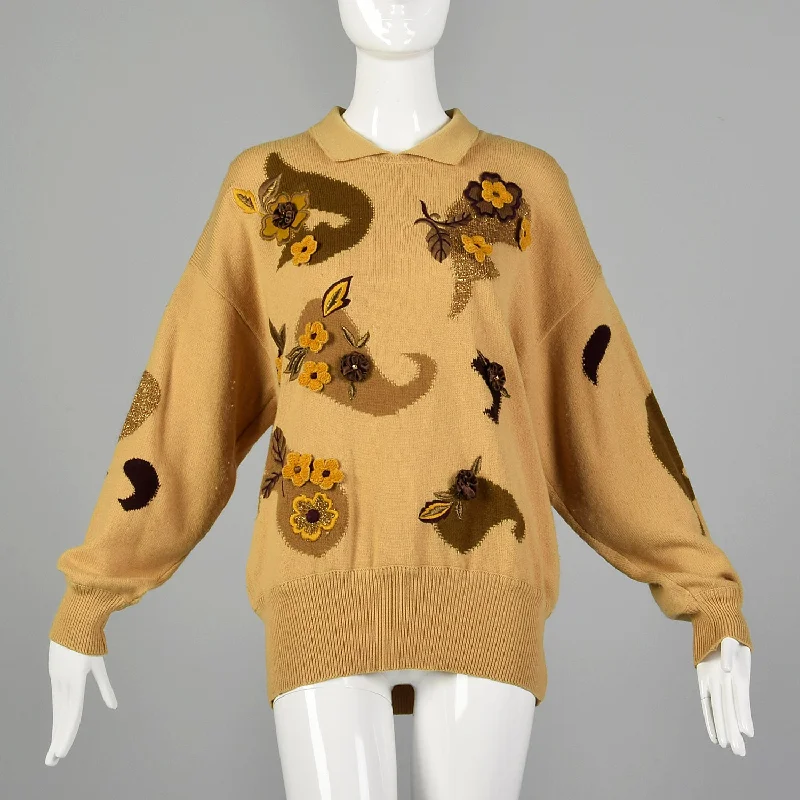 Large Escada 1980s  Tan Brown Sweater with Floral Appliques Ribbed Striped Patterned