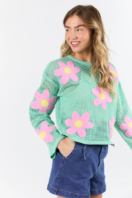 Follow You Around Mint And Pink Flower Embroidered Sweater SALE Real Fur Shearling Chenille