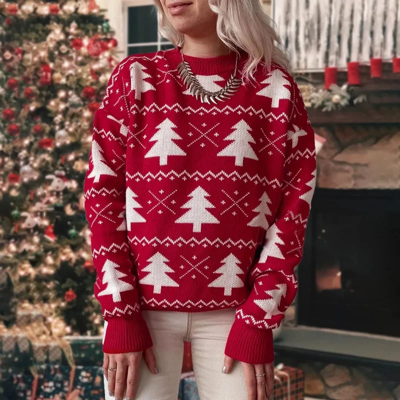 Jacquard Knitted Full Sleeve Warm Soft Christmas Sweater Front Pockets Side Pockets Patch Pockets