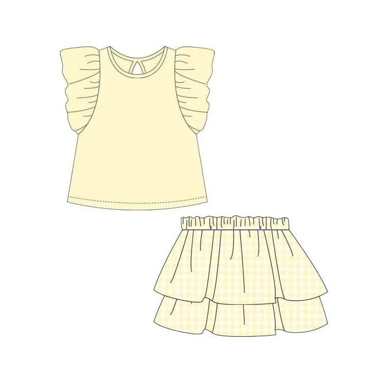 Preorder GSD1997 Pure yellow ruffle sleeveless top skirts set Girls Boutique Summer clothes 202502 denim skirt classic