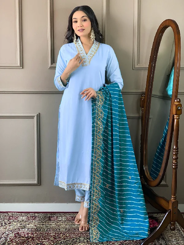 Sky Blue Attractive Looking Pant Suit With Designer Embroidery Printed Work Stretch Fit Pants