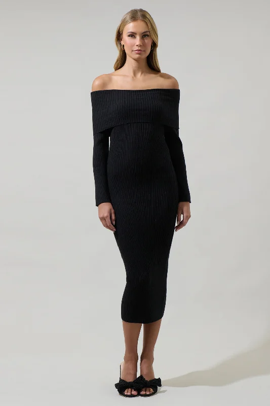 Vonnie Off the Shoulder Midi Sweater Dress High Neck Crew Neck V-Neck