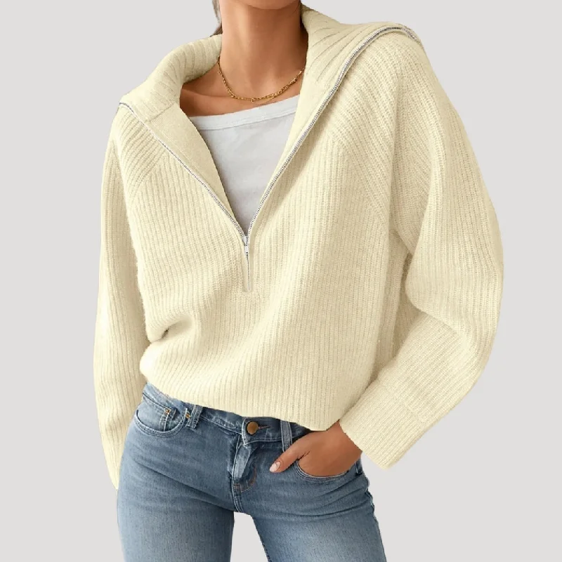 Cozy ribbed half-zip sweater Toggled Drawstring Belted