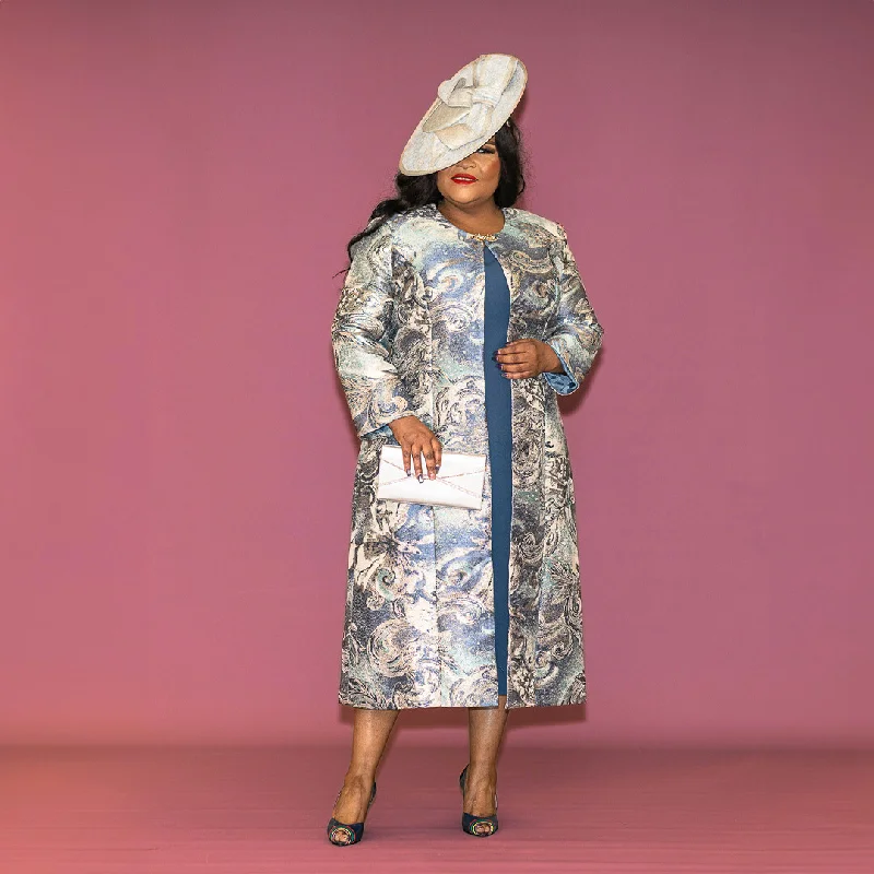 Blue Floral Jacquard Dress with Long Jacket Mesh Jacket Canvas Jacket Denim Jacket
