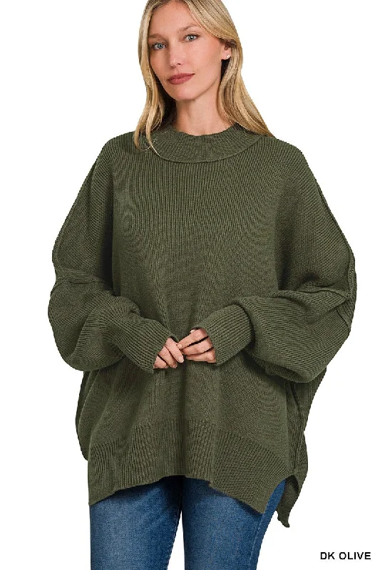 SIDE SLIT OVERSIZED SWEATER in DARK OLIVE Open Front Closed Front Wrap Front