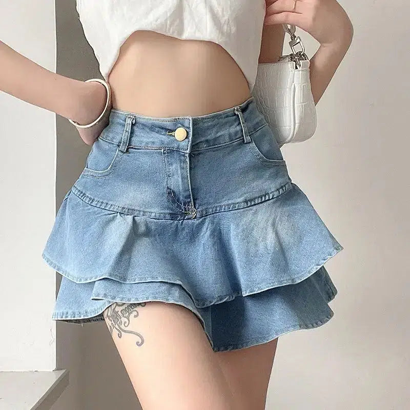 Layered Ruffled Denim Mini Skirt ruffled skirt detail