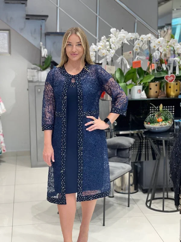 Navy Blue Dress & Jacket Set With Lace & Diamante Details Cardigan Sweater Pullover