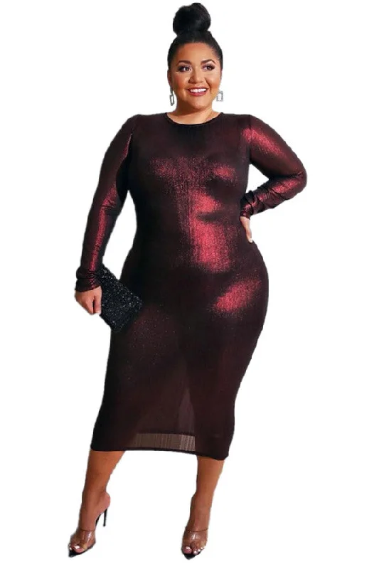 Plus Size Burgundy Long Sleeve Cocktail Party Dress Tunics Practical easy-care
