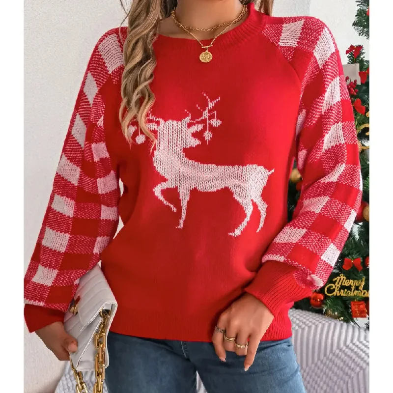 Knitted Plaid Christmas Sweater with Round Neck and Long Sleeves for Autumn/Winter Stretchy Elastic Breathable