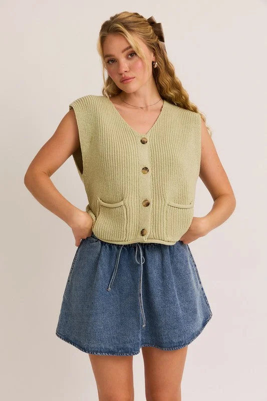 Serena Woven Button Down Pocketed Sweater Vest Denim Fabric Leather Fabric Suede Fabric