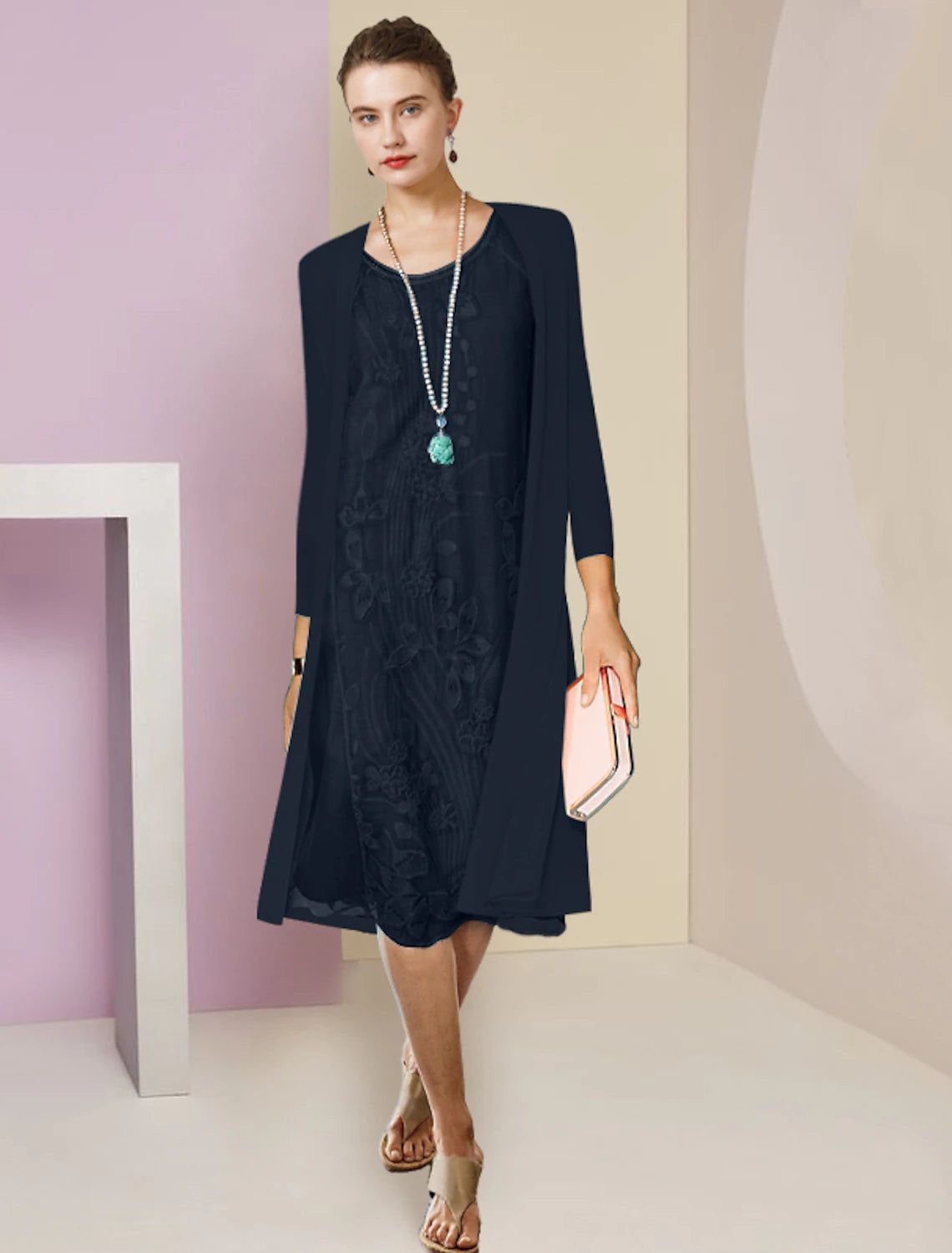 Two Piece Sheath / Column Mother of the Bride Dress Formal Wedding Guest Elegant Scoop Neck Knee Length Chiffon Lace Half Sleeve Jacket Dresses with Appliques Anorak Shell Jacket Lightweight Jacket
