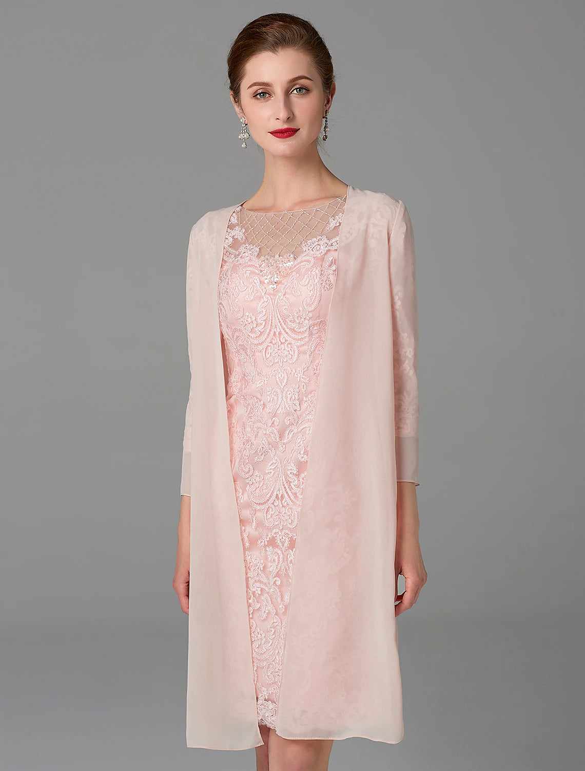 Two Piece Sheath / Column Mother of the Bride Dress Church Sparkle & Shine Jewel Neck Knee Length Chiffon Lace 3/4 Length Sleeve Jacket Dresses with Beading Appliques Bomber Jacket Anorak Windbreaker