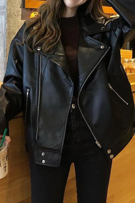 FAUX LEATHER MOTO JACKET Cotton Fabric Linen Fabric Terry Fabric