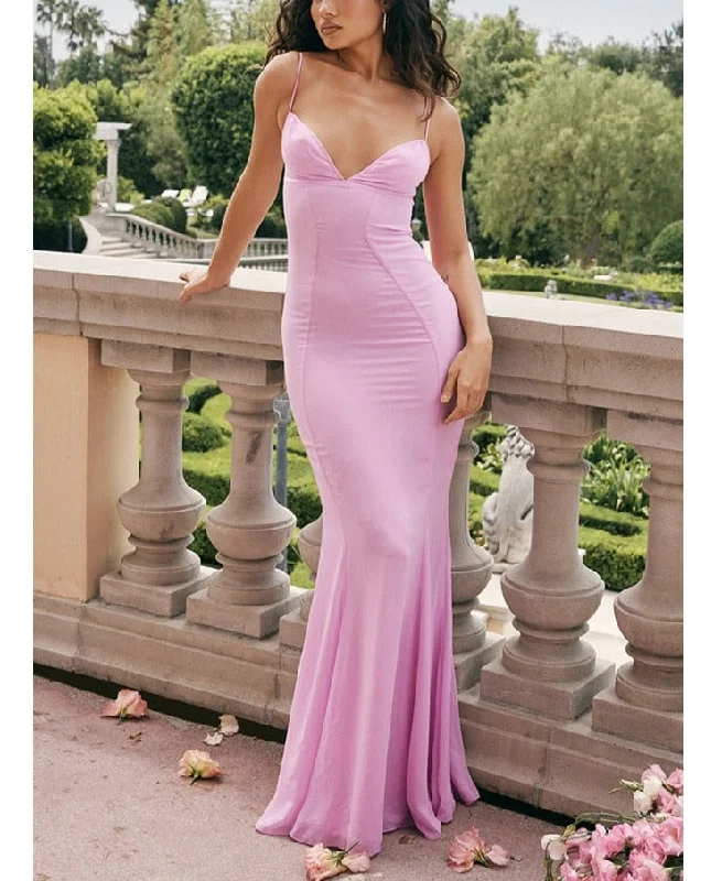 Lizakosht Sexy V Neck Sling Backless Maxi Mermaid Dress Elegant Pink Spaghetti Strap Bodycon Long Dress Mermaid Gown Celebrity Party Dress Tunics Distressed trendy