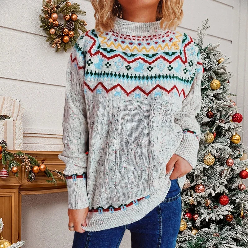 Striped Long Sleeve Jacquard O-Neck Loose Christmas Sweater Sweater Knitwear Pullover