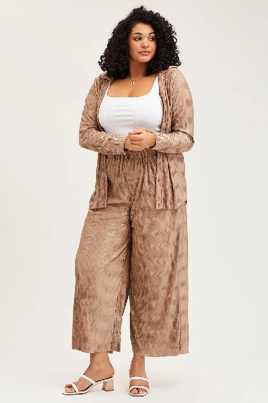 Gold Pants High Rise Plisse Elastic Waist Classic Stretch Pants