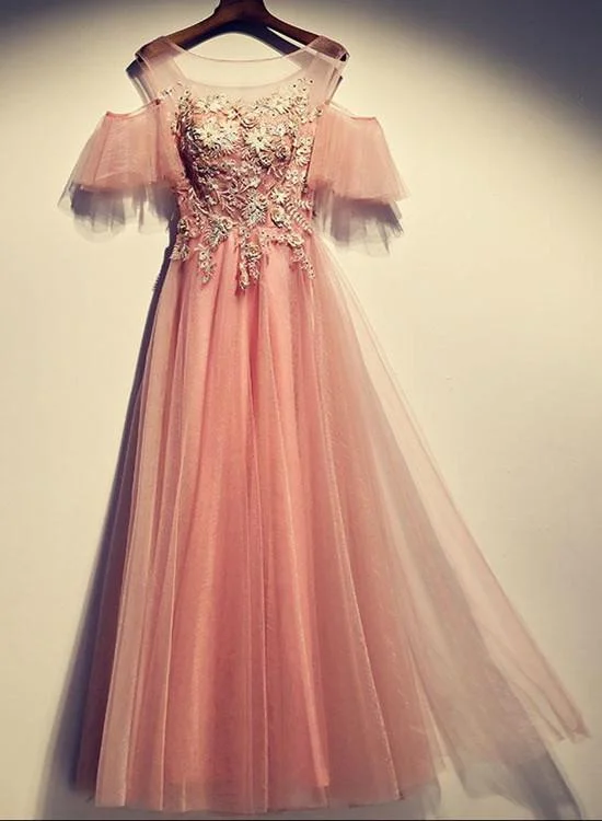 Dark pink party dress ,off shoulder evening dress ,tulle applique prom dress Tunics Prom sequined
