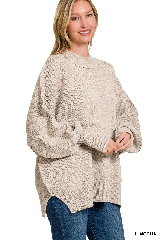 SIDE SLIT OVERSIZED SWEATER in HEATHER MOCHA Cable Knit Ribbed Knit Lace Knit
