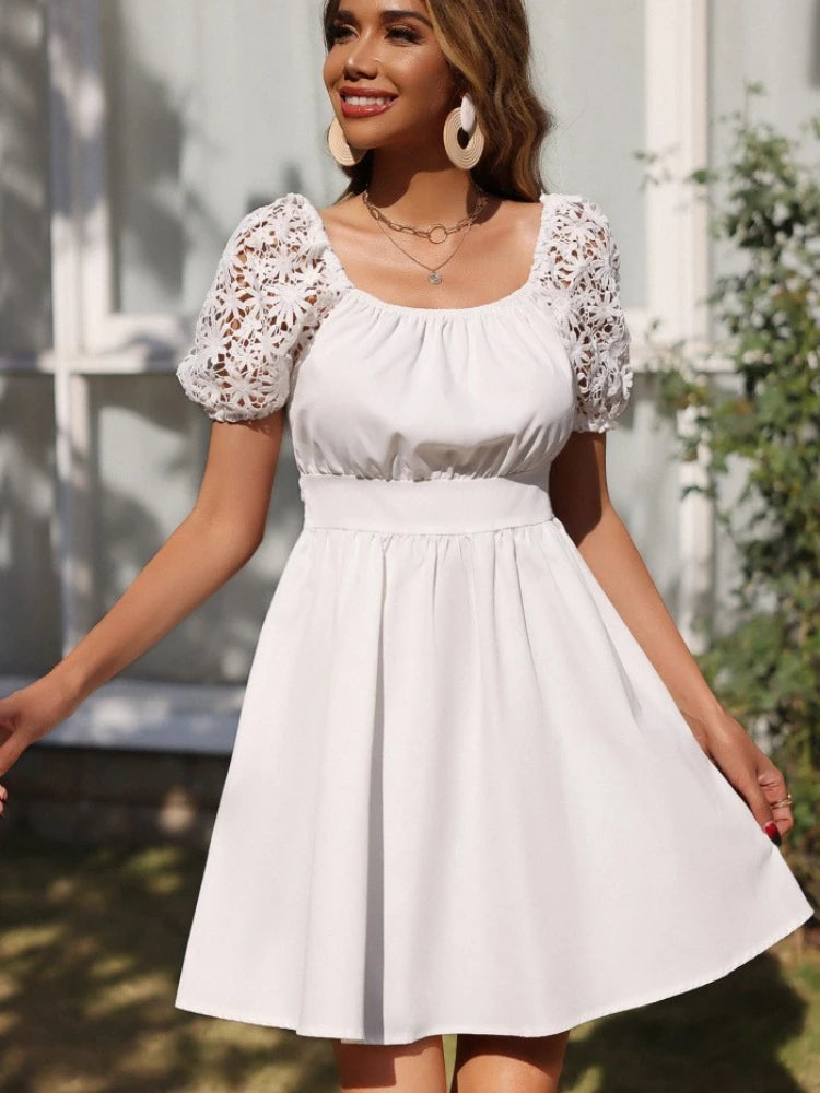 LIZAKOSHT  -  Summer White Puff Sleeve Cutout Flower Dress Sexy Backless Bow Square Neck High Waist Bandage Dresses Vestidos Party Dress Tunics Handmade artisanal