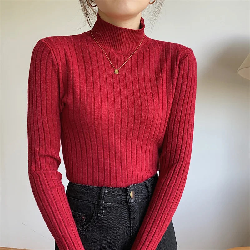 Red Casual Bottoming Spring Basic Stand Long Knitted Sweater Casual Formal Business