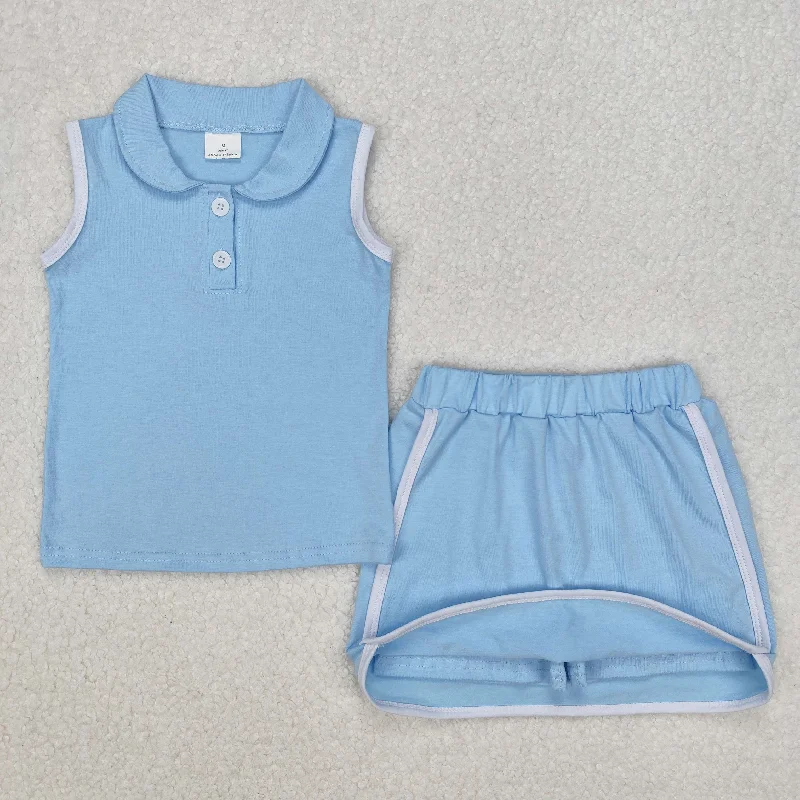 GSD1974 Pure cotton suit Blue Polo sleeveless top skirts shorts Girls Boutique Summer clothes  202503 RTS denim skirt casual