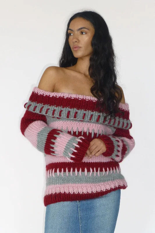 Patchwork Chunky Knit Off The Shoulder Sweater Seamless Knitted Crochet