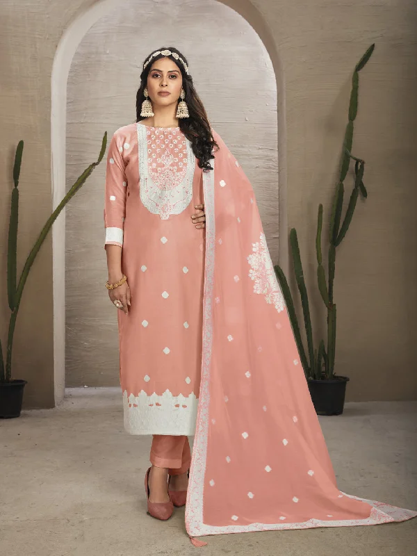 Peach Organza Pant Suit With Wevon Design Diamond Work Slim-Fit Khaki Pants