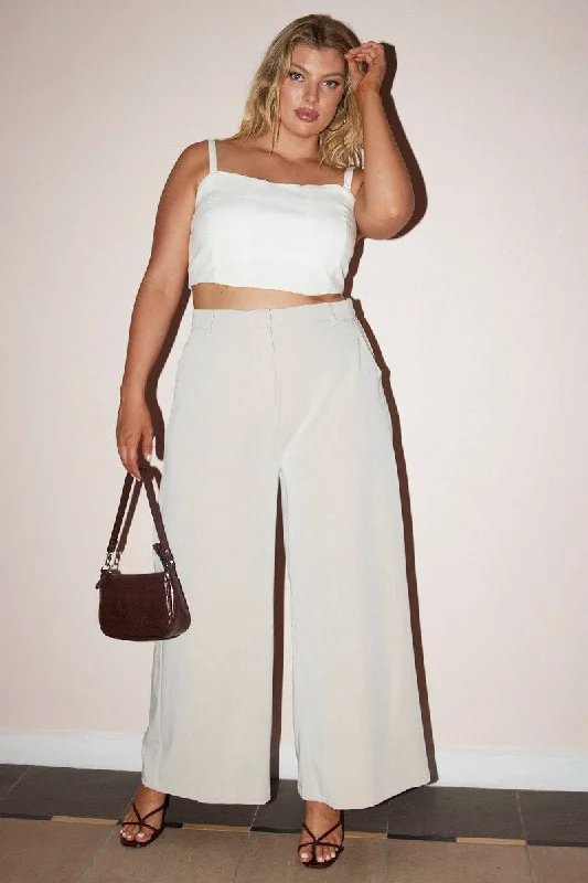 Beige Tailored Wide Leg Pants Stylish Paperbag Waist Pants