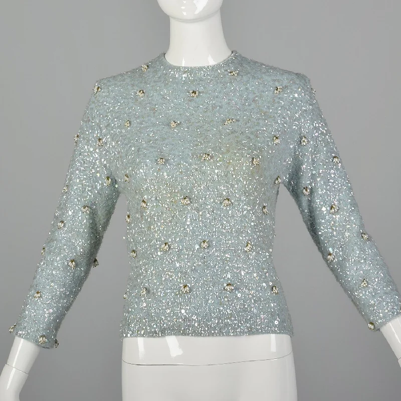 XS 1960s Fully Beaded and Sequined Blue Sweater Denim Fabric Leather Fabric Suede Fabric