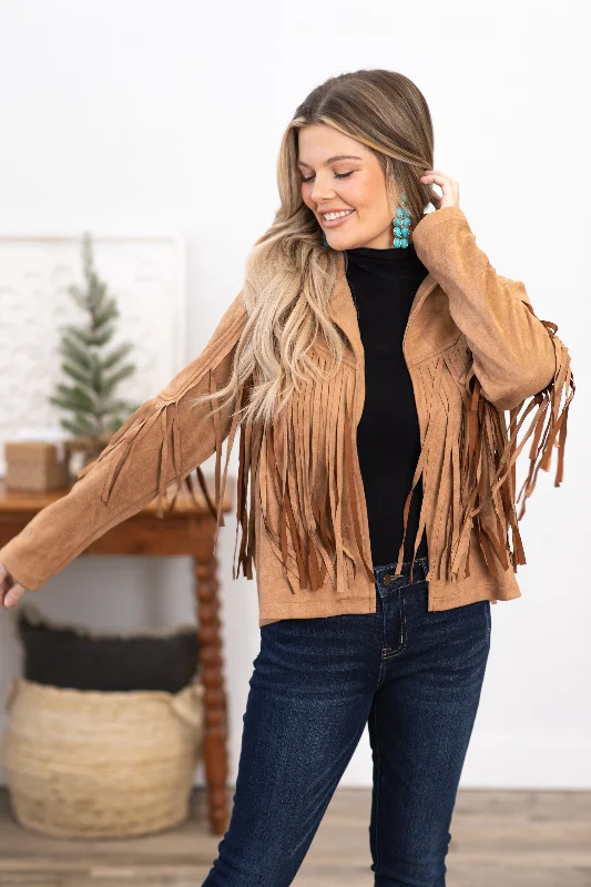 Camel Vegan Suede Jacket With Fringe Notch Collar Jacket Peter Pan Collar Jacket Cowl Neck Jacket